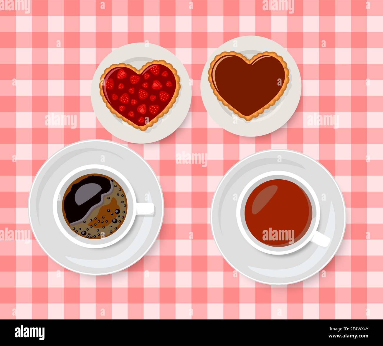 San Valentino. Biscotti al cioccolato e alla marmellata di fragole con tazze di tè e caffè. Stile piatto cartoon. Illustrazione vettoriale Illustrazione Vettoriale