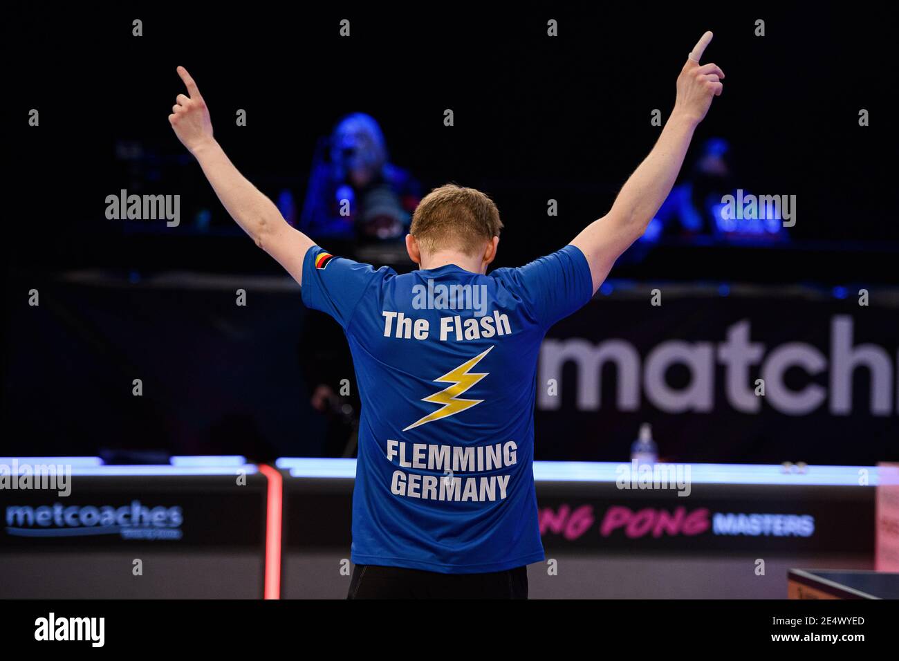 COVENTRY, REGNO UNITO. 24 gennaio 2021. Alexander Flemming (GER) festeggia dopo aver vinto la finale durante il 2021 World Ping Pong Masters alla Ricoh Arena domenica 24 gennaio 2021 a COVENTRY, INGHILTERRA. Credit: Taka G Wu/Alamy Live News Foto Stock