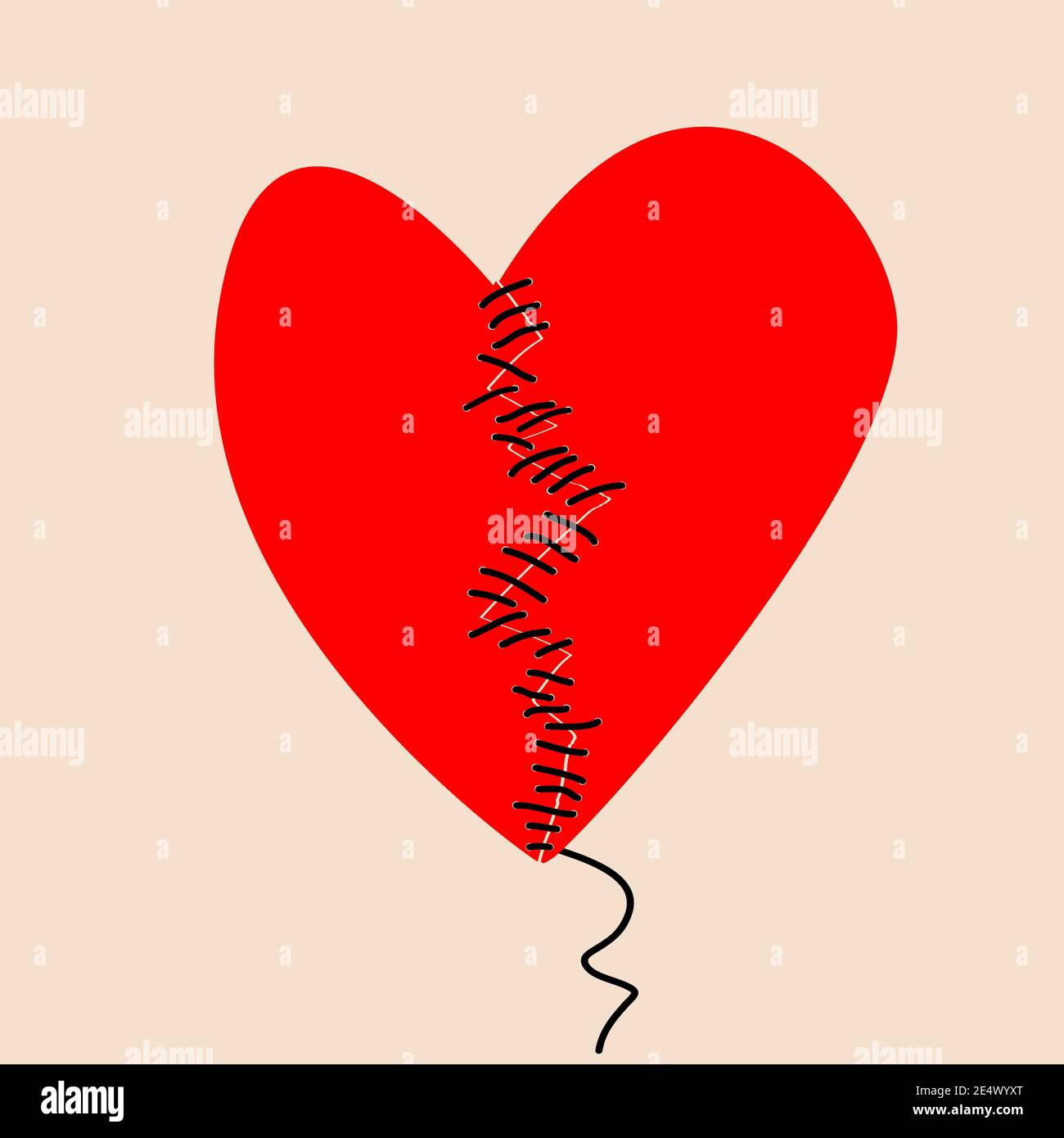 Fissare un concetto di cuore rotto con due metà del cuore cucito con filo nero Illustrazione Vettoriale