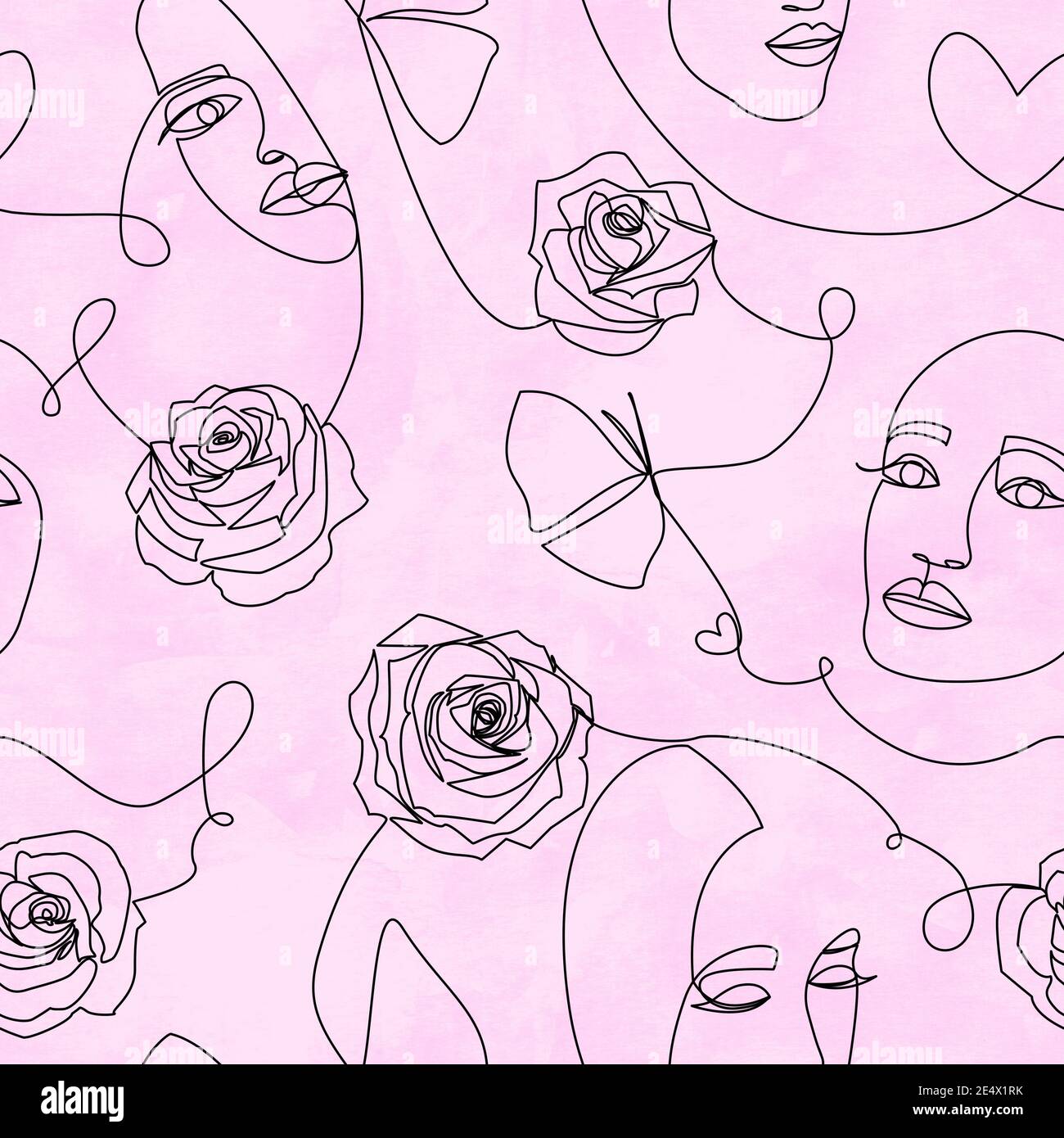 Disegno di una linea astratto arte contemporanea contaminante moderno modello senza giunture con facce femminili, rose fiori, cuori, fatto da linea continua nera su giallo, Foto Stock