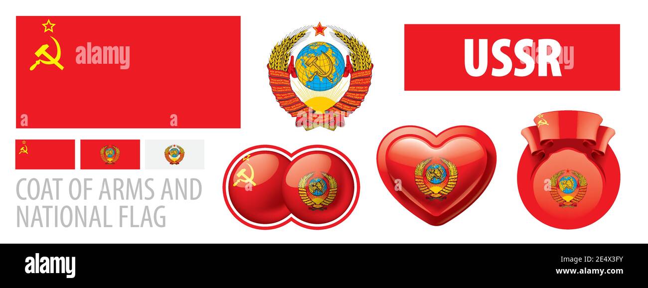 Insieme vettoriale dello stemma e della bandiera nazionale Dell'URSS Illustrazione Vettoriale