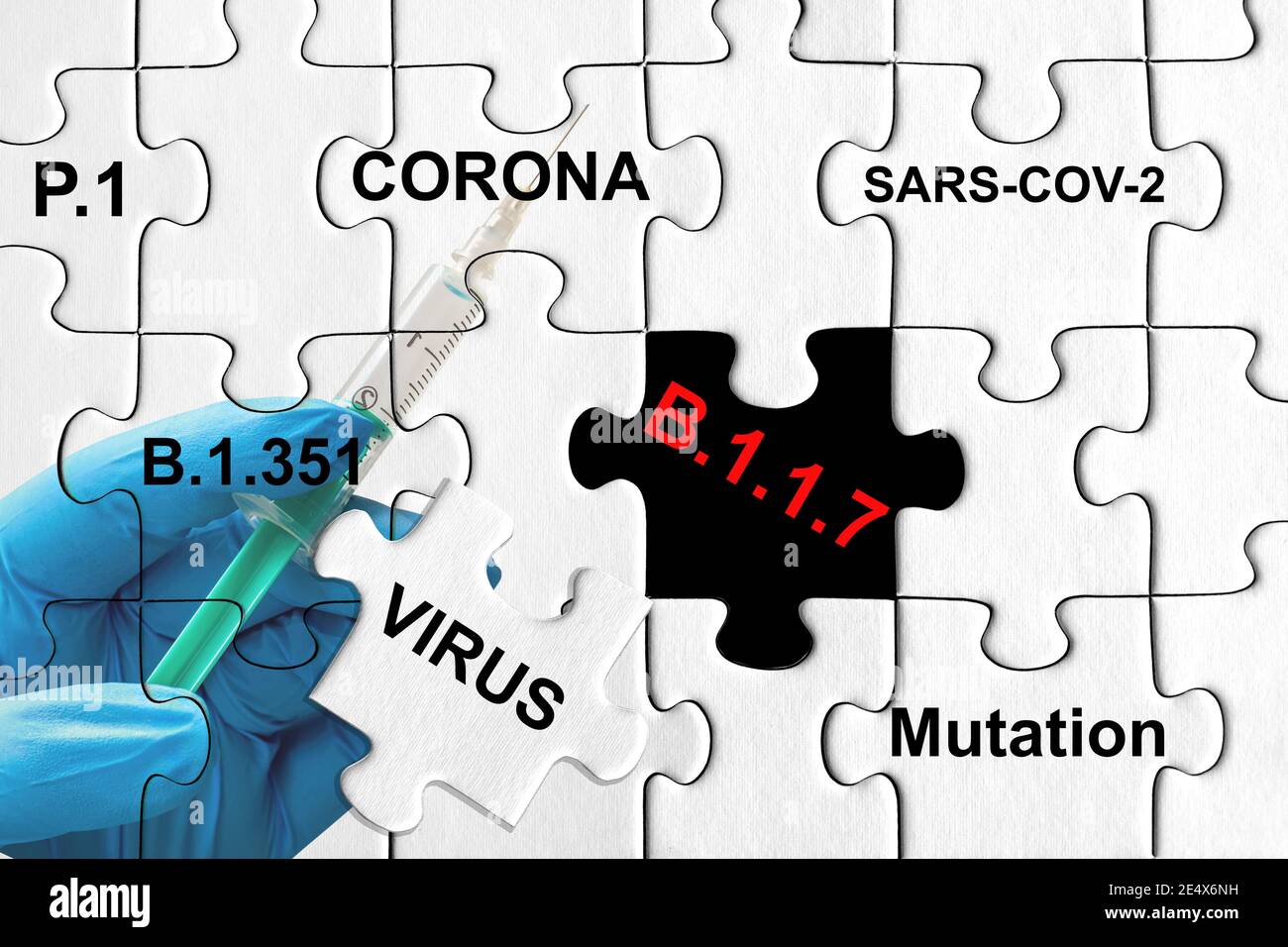 Puzzle con diverse varianti di Corona Virus. SARS-COV-2, P.1, B.1.1.7, B.1.351 Foto Stock