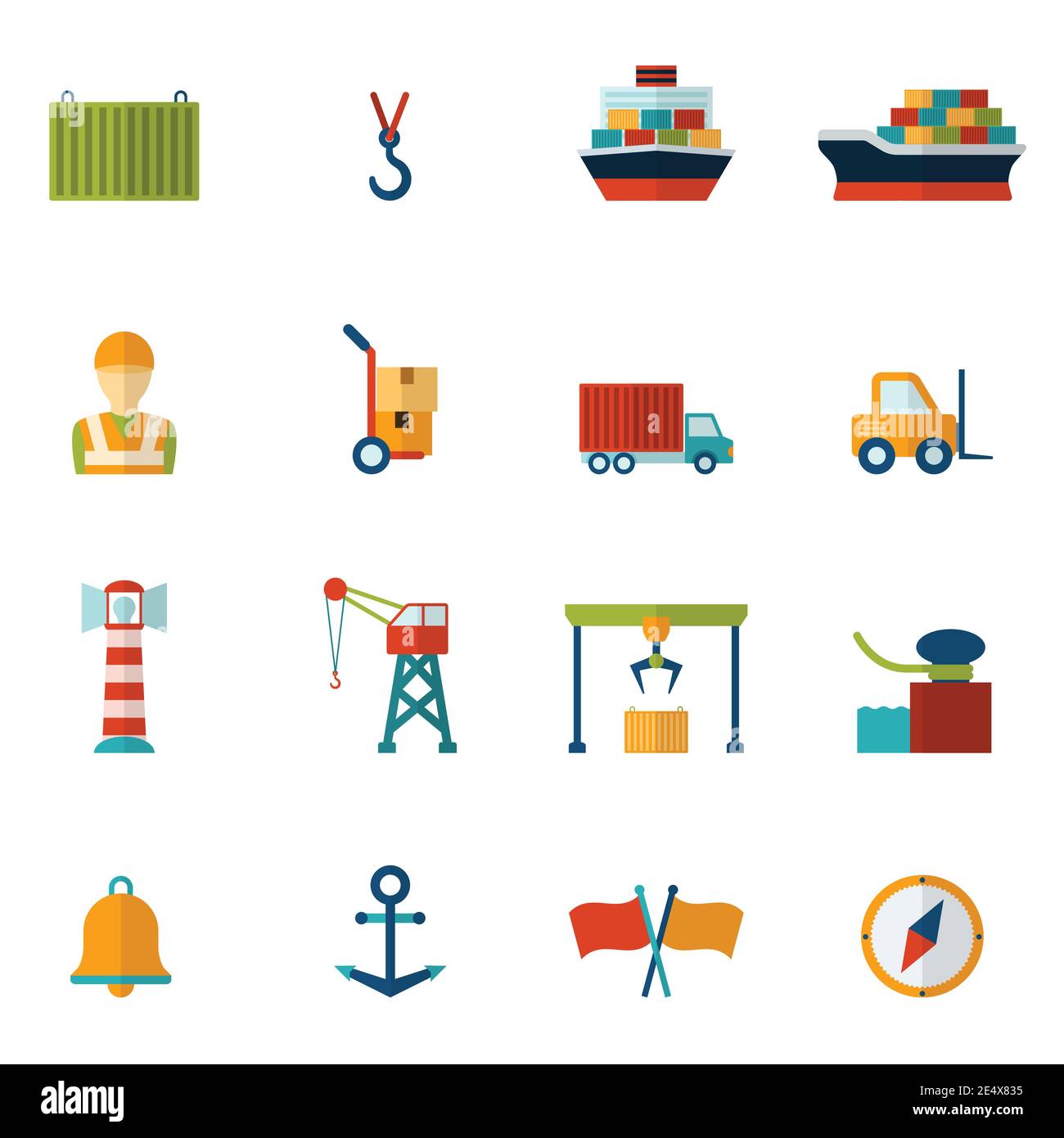 Set di icone piatte Seaport con caricatore di navi cisterna isolato illustrazione vettoriale Illustrazione Vettoriale