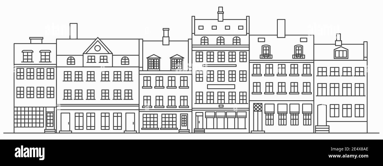 Amsterdam edifici skyline. Paesaggio urbano lineare con varie case a file. Illustrazione con edifici olandesi antichi. Illustrazione Vettoriale