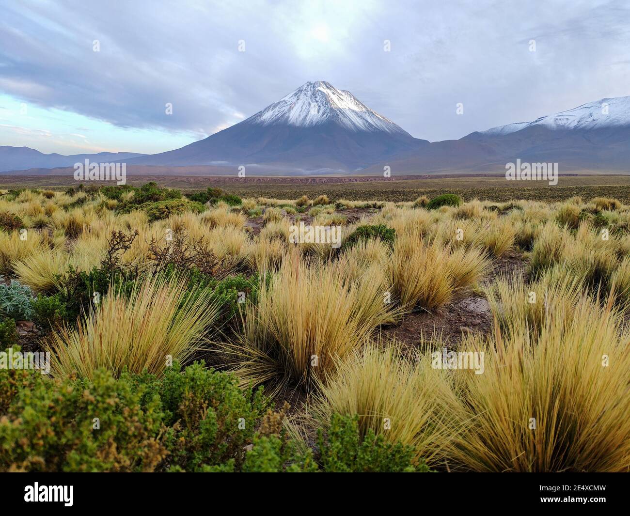 Maestoso scenario del vulcano Licancabur con la cima coperta di neve Situato in Cile Foto Stock