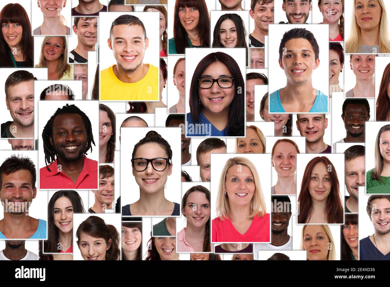 Gruppo di giovani multirazziali sorridenti felici persone ritratto diversità sfondo ritratti di collage Foto Stock