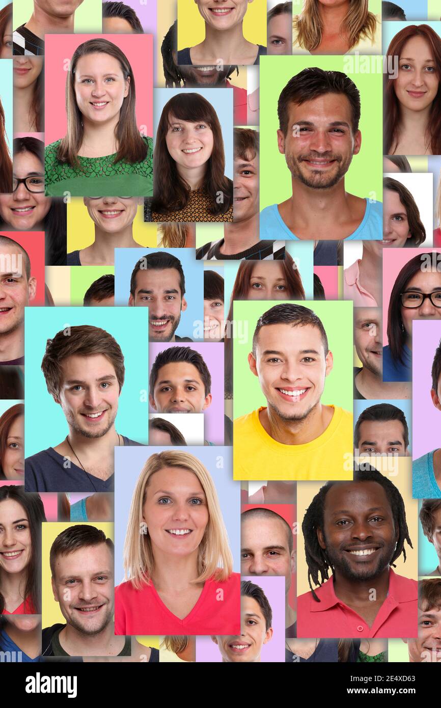 Raccolta ritratti gruppo di persone ritratti volti sfondo formato giovane sorridente social network Foto Stock