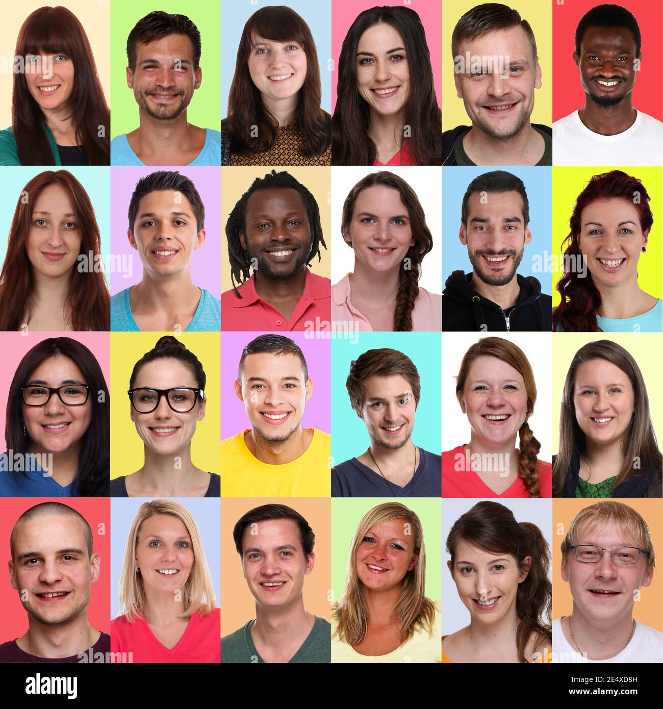 Collage ritratti di gruppo di giovani sorridenti multirazziali multiculturali piazza lo sfondo è rivolto verso gli sfondi Foto Stock