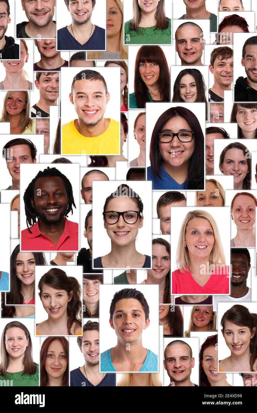 Gruppo di giovani multirazziali sorridenti felici persone ritratto diversità ritratto formattare i volti del collage di sfondo Foto Stock