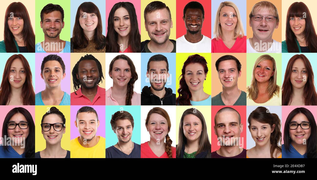 Collage ritratti di gruppo di multirazziale multicolturale giovane sorridente banner lo sfondo è rivolto verso gli sfondi Foto Stock