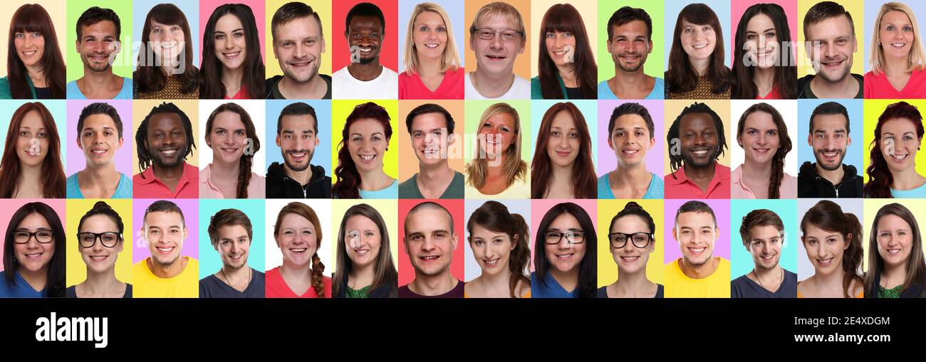 Collage ritratti di gruppo multirazziale multiculturale giovani sorridenti panorama lo sfondo è rivolto verso gli sfondi Foto Stock
