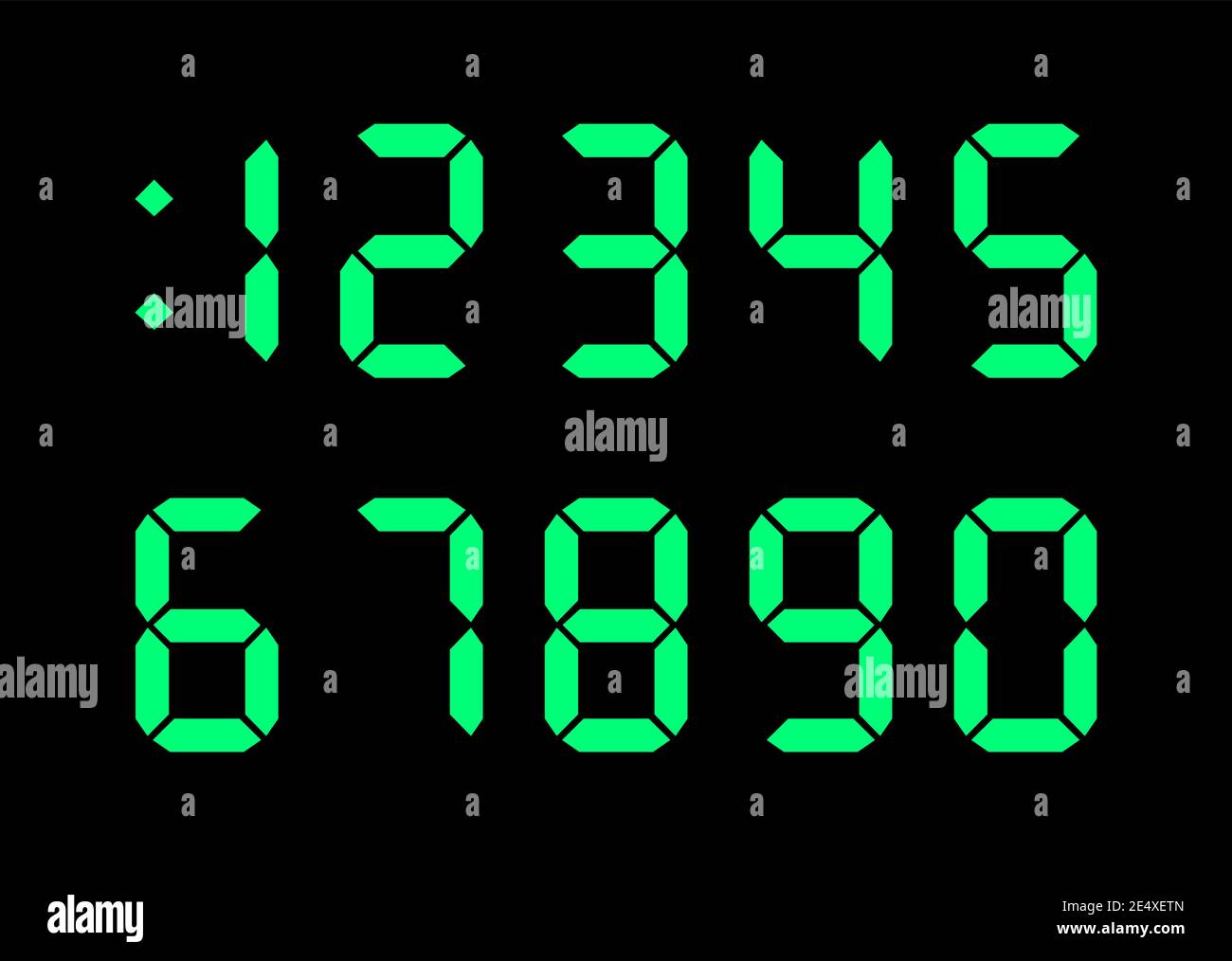 Font numerici digitali per display elettronico dell'orologio, calcolatrice, contatore. Colore verde su sfondo nero. Immagine vettoriale dal design piatto senza royalty. Illustrazione Vettoriale
