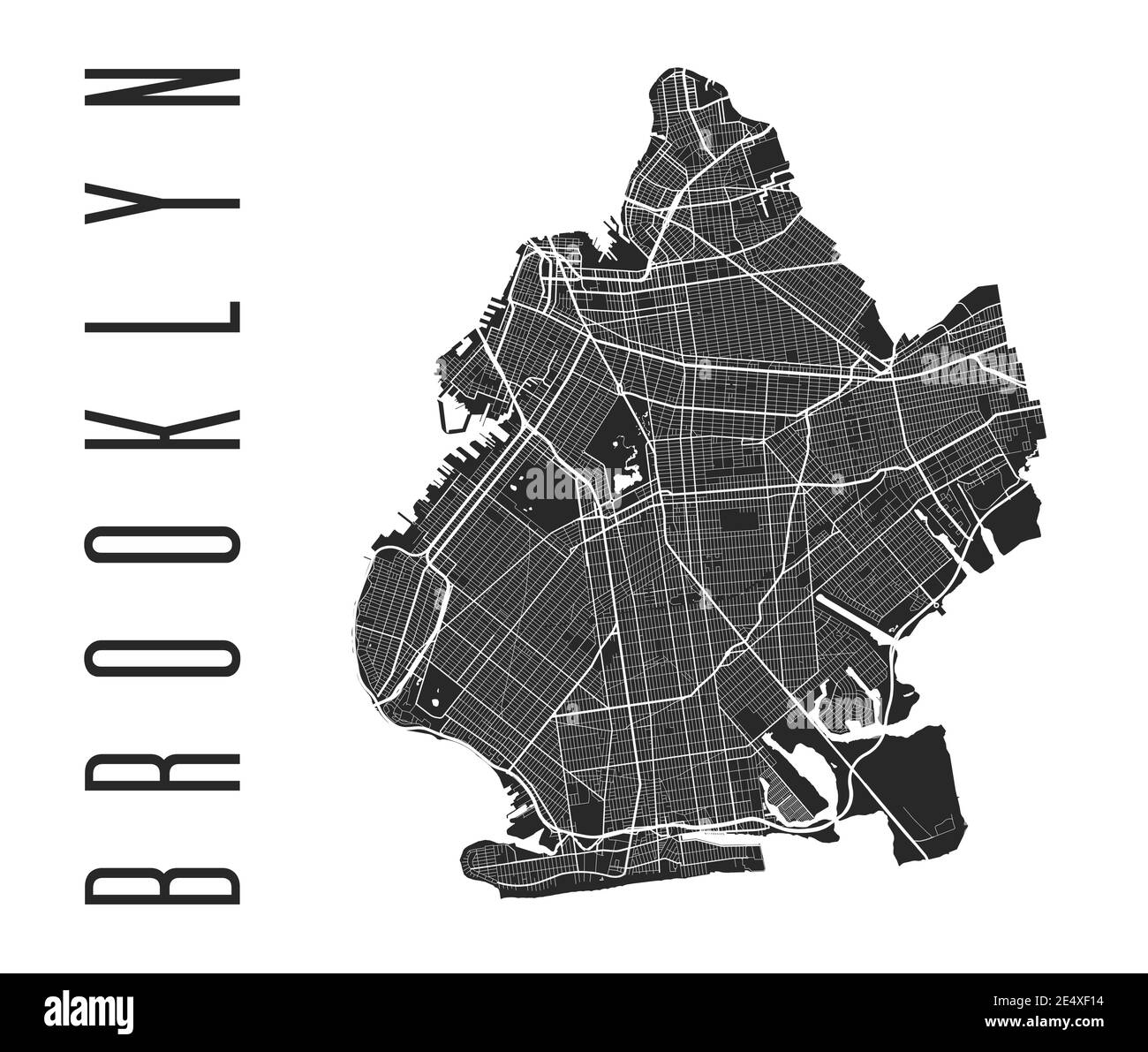 Poster della mappa di Brooklyn. Mappa stradale di New York City borough. Paesaggio urbano aria panorama silhouette vista aerea, stile tipografico. Jamaica Bay, l'Atlantico Oce Illustrazione Vettoriale