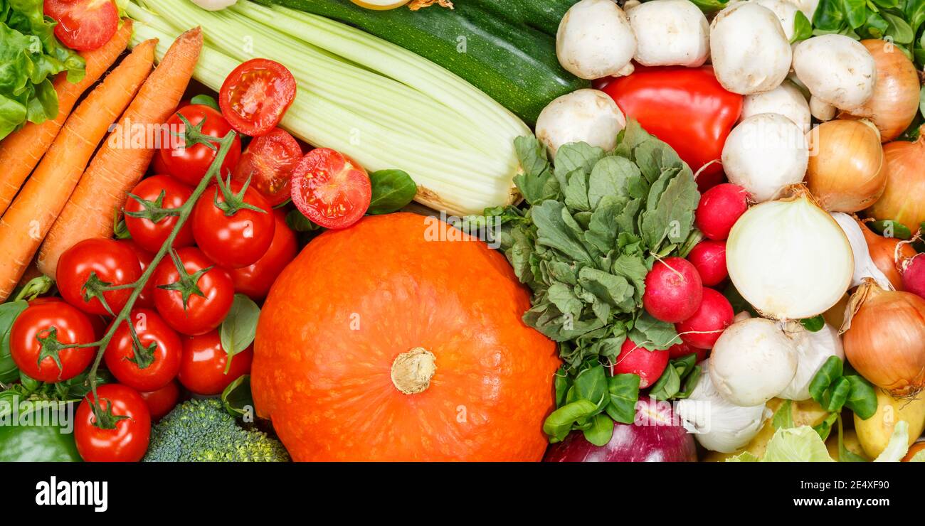 Verdure fondo cibo raccolta modello carote pomodori funghi banner verdura sfondi Foto Stock