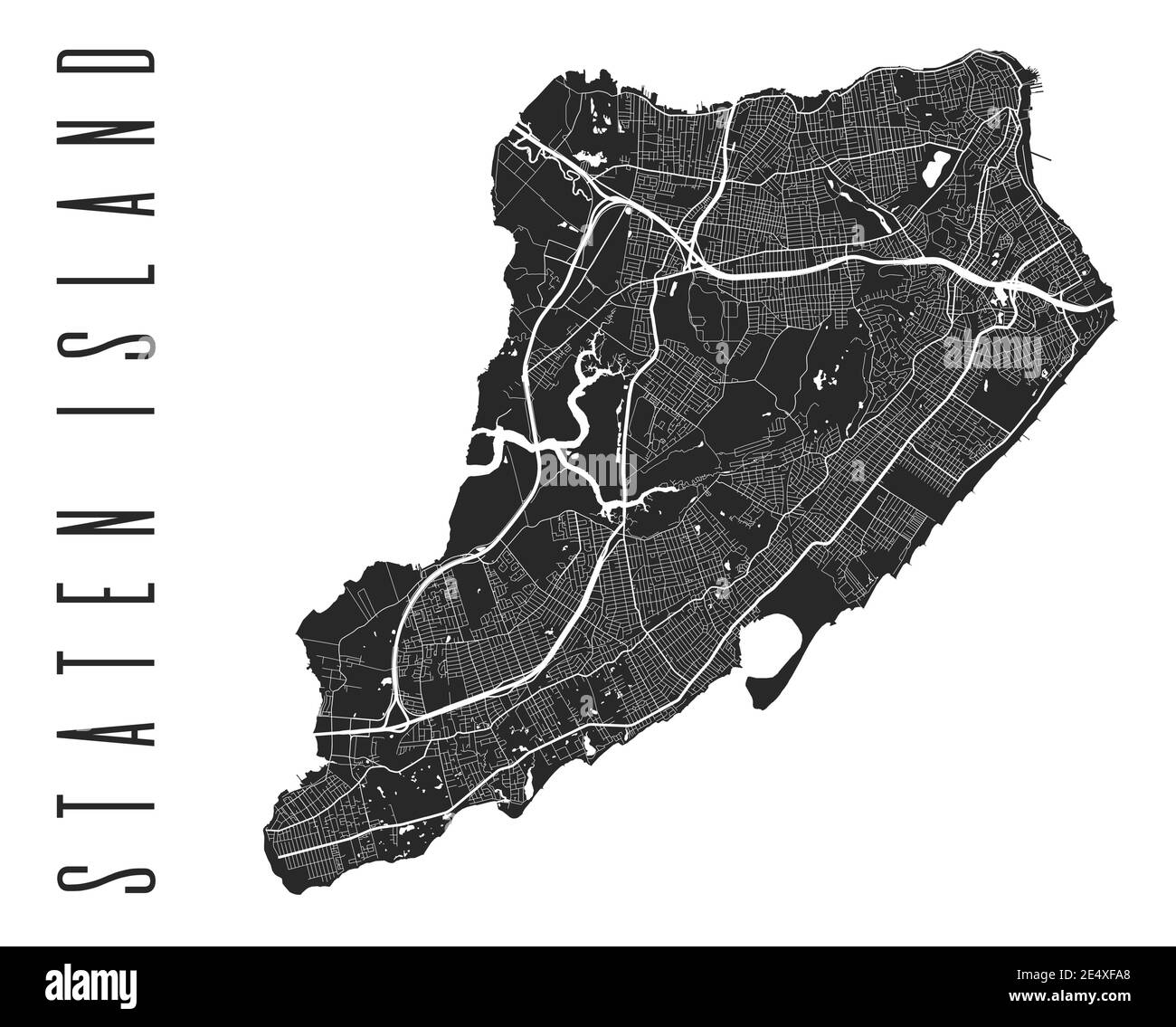 Poster della mappa dell'isola di Staten. Mappa stradale di New York City borough. Paesaggio urbano aria panorama silhouette vista aerea, stile tipografico. San Giorgio, Tompkinsville Illustrazione Vettoriale
