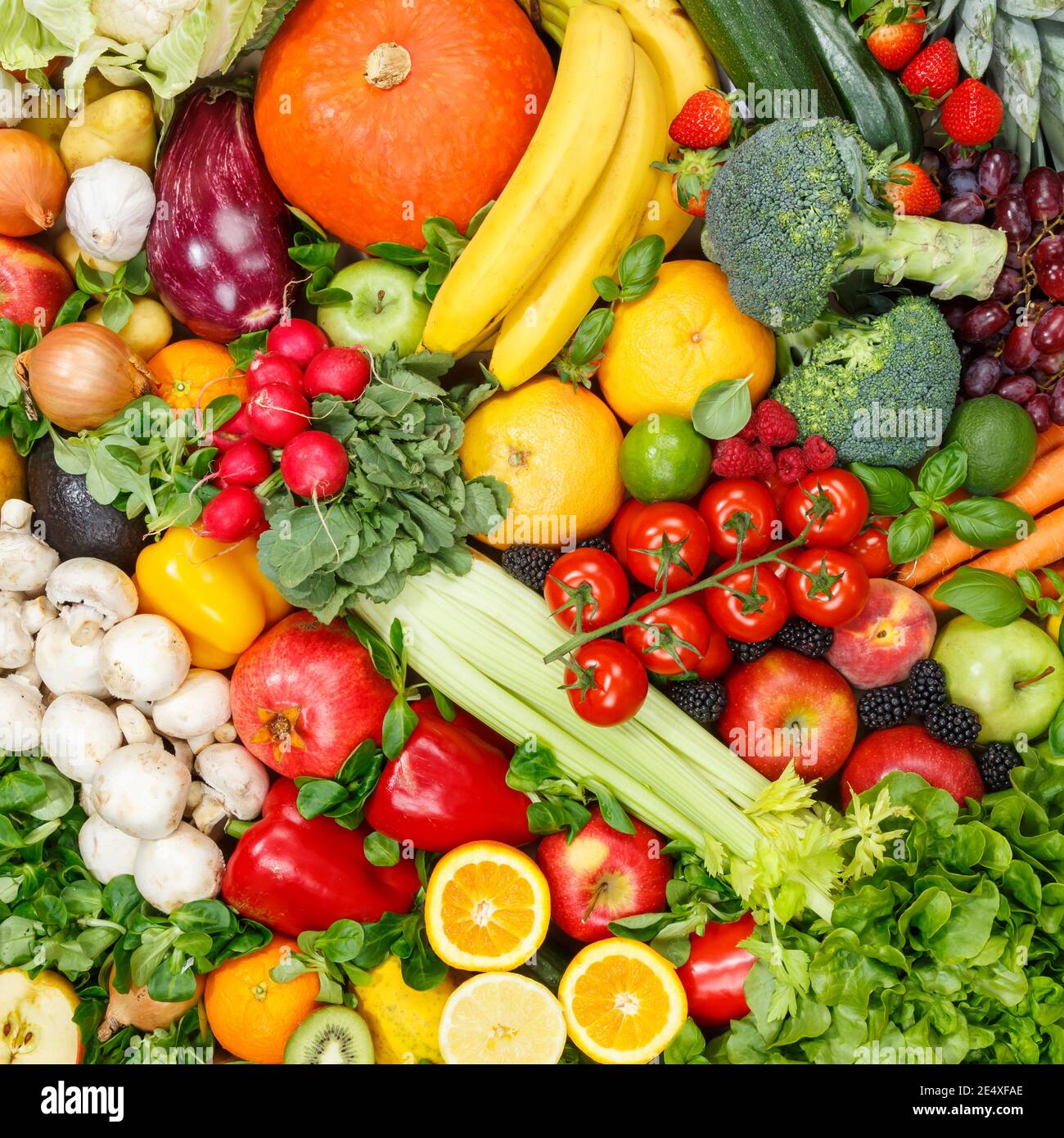 Frutta e verdura di fondo raccolta di cibo modello mele quadrate arance frutta ortaggi sfondi Foto Stock