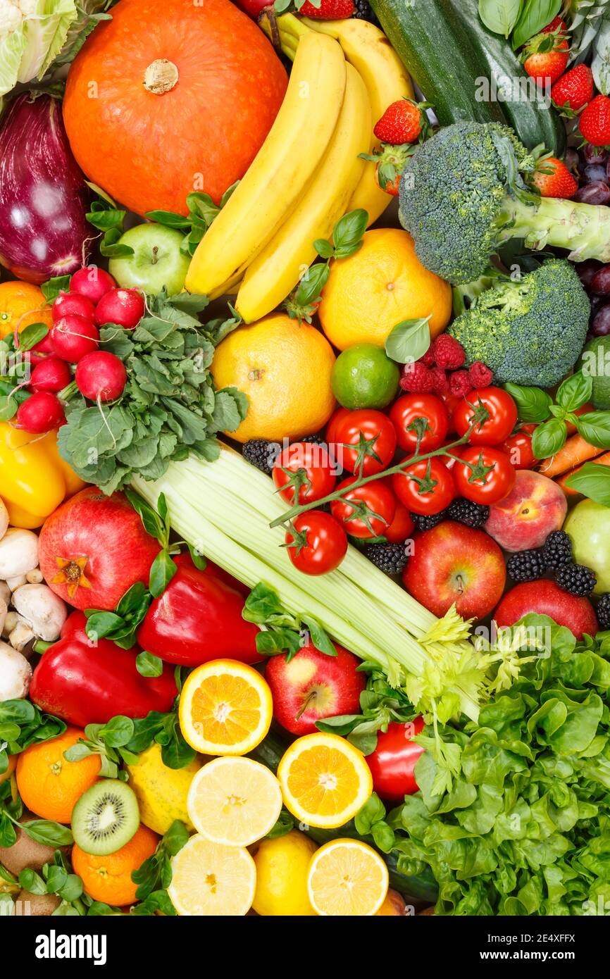 Frutta e verdura sfondo raccolta cibo modello ritratto formato mele arance frutta verdura sfondi Foto Stock