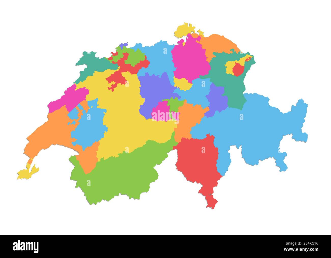 Mappa della Svizzera, divisione amministrativa, singole regioni separate, mappa dei colori isolata su sfondo bianco vuoto Foto Stock