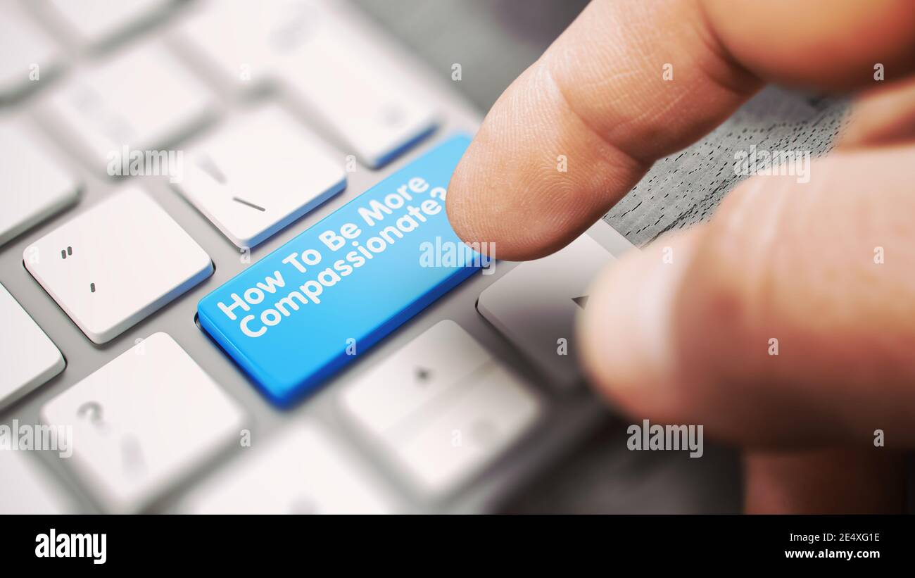 Come essere più compassionevoli - tastiera in alluminio con un pulsante blu. Rendering 3D. Foto Stock