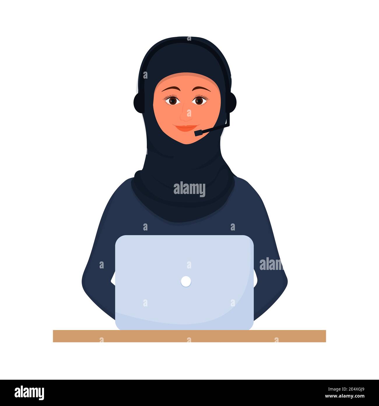 Donna araba in hijab che lavora, operatore di call center, supporto con laptop e cuffie isolati su sfondo bianco. Consulente musulmano femminile, assista Illustrazione Vettoriale