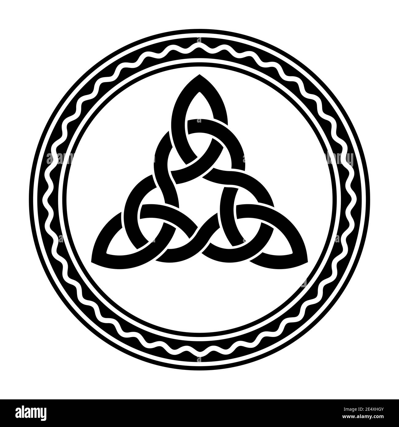 Triquetra intrecciata, un nodo celtico, in una cornice circolare con linea bianca ondulata. Figura triangolare utilizzata negli antichi ornamenti cristiani. Foto Stock
