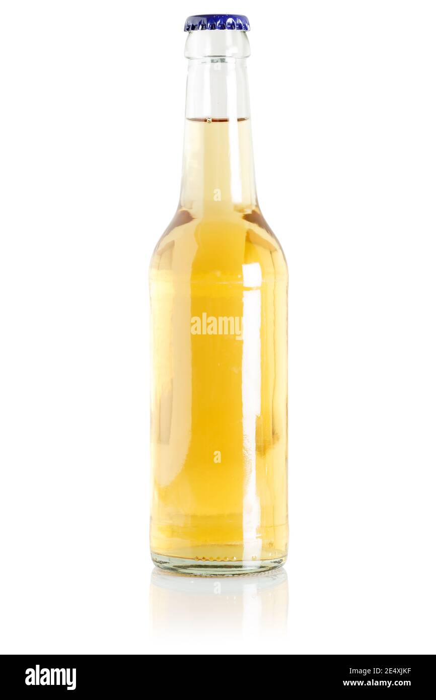 Bottiglia di bibite analcoliche al limone, limonata gialla, bevanda analcolica isolata uno sfondo bianco Foto Stock