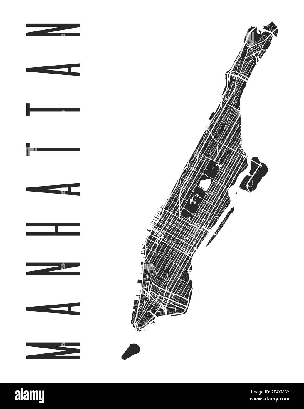 Poster della mappa di Manhattan. Mappa stradale di New York City borough. Paesaggio urbano aria panorama silhouette vista aerea, stile tipografico. Hudson, East, Harlem, Marble Illustrazione Vettoriale