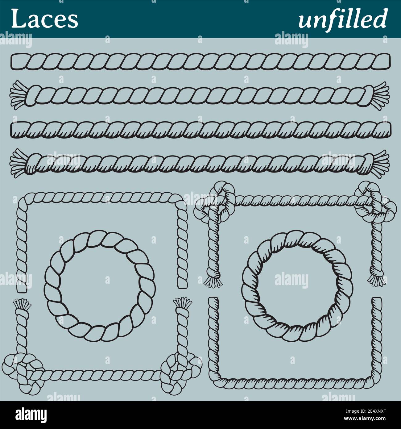 4 diverse spazzole di funi nautiche con interno senza colorazione. Tutte le spazzole includono le piastrelle angolari esterne e interne. Illustrazione Vettoriale