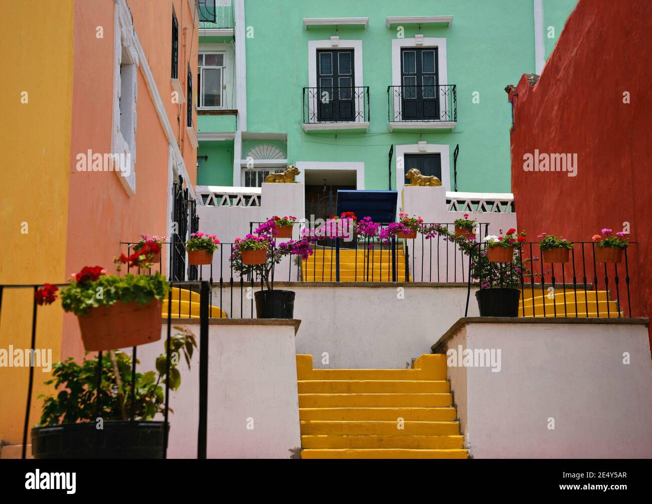 Case coloniali con pareti in stucco colorato e vasi di argilla con gerani su Avenida Hidalgo ad Atlixco, Puebla Messico. Foto Stock