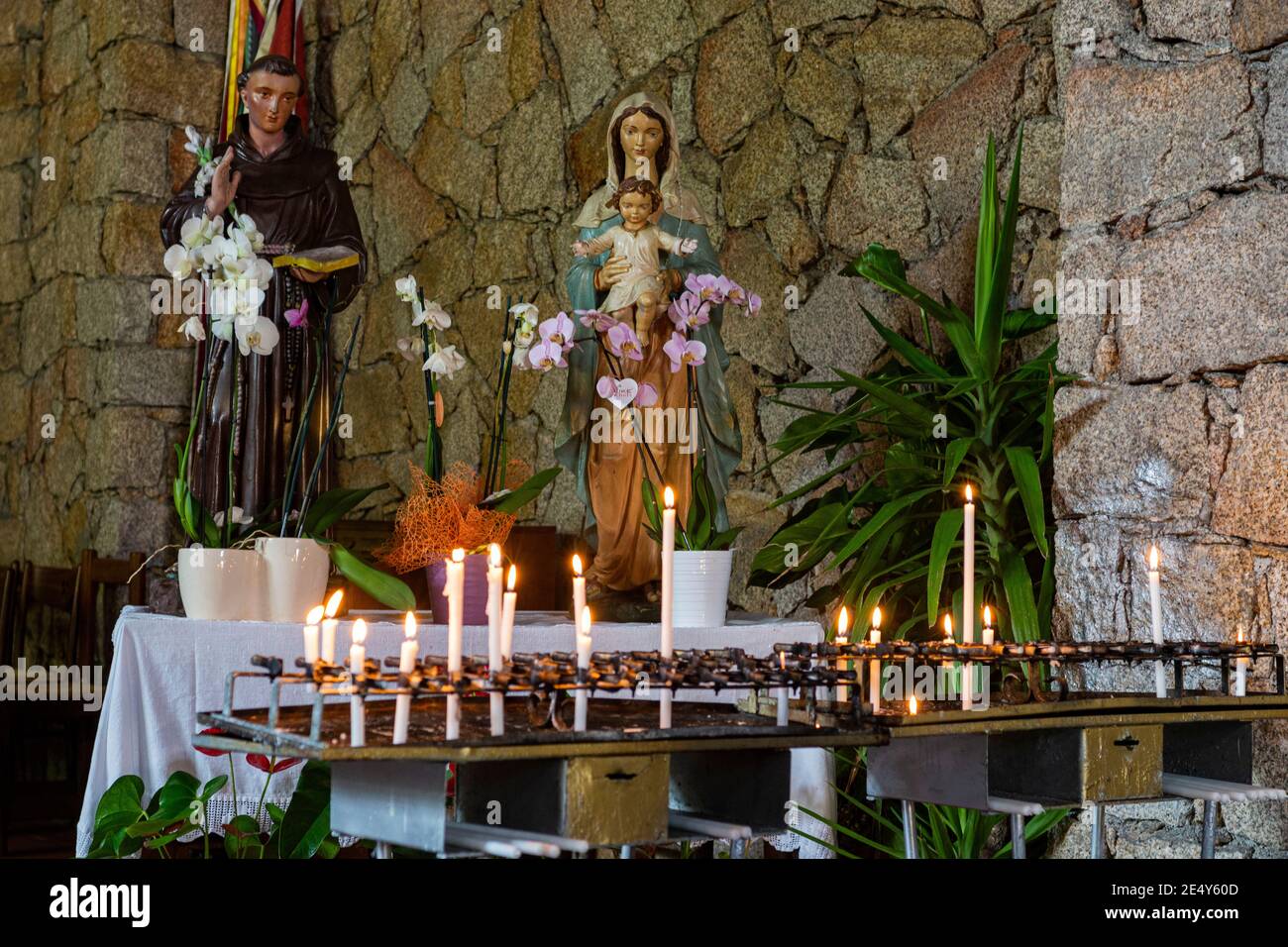Stativo a candela votivo, figure devozionali e orchidee nella Chiesa di Sant'Antonio di Padova a Baia Sardinia. Foto Stock