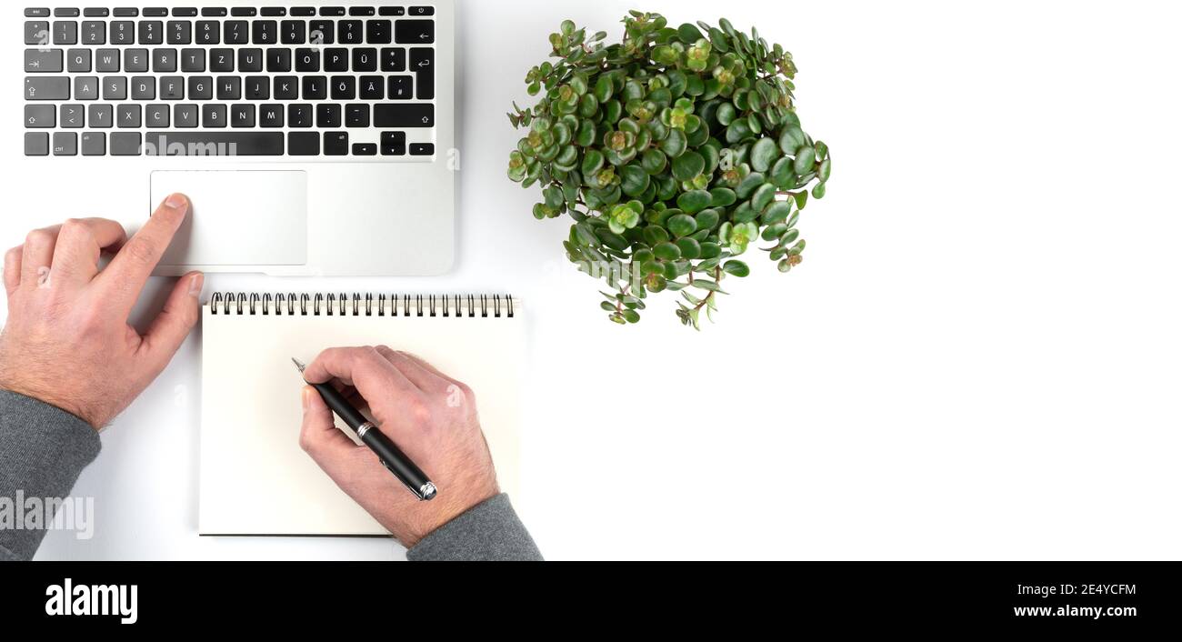 vista dall'alto di una persona che prende appunti sul blocco note di lavoro bianco su un computer portatile su una scrivania bianca con pianta verde vasata Foto Stock