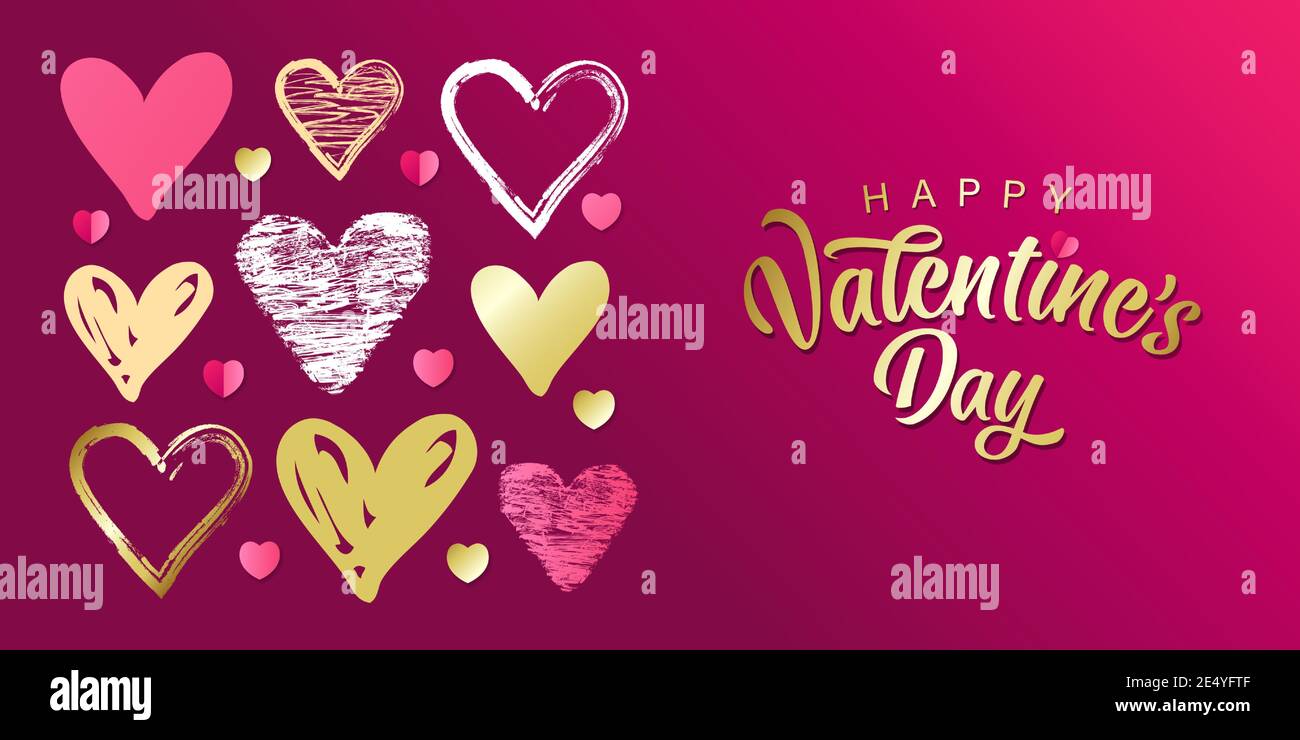 Happy San Valentino scritta dorata con doodle sketch heart su sfondo. Biglietto d'auguri di San Valentino con carino cuori scrimble rosa, oro e bianco Illustrazione Vettoriale