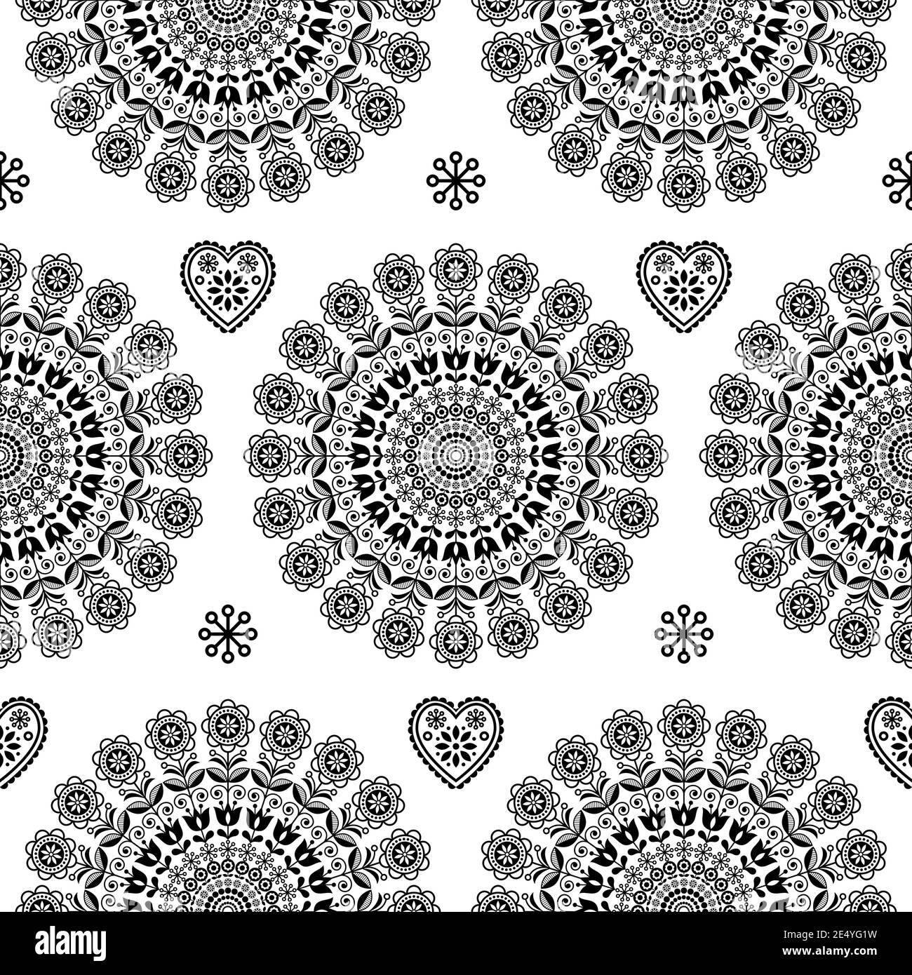 Senza giunture scandinavo monocromo arte mandala vettore con fiori, ornamento di ripetizione floreale, design nordico Illustrazione Vettoriale