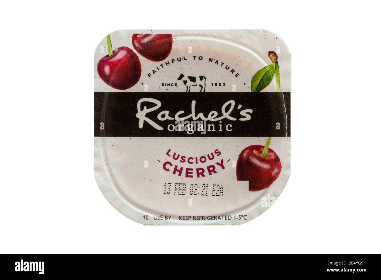 Rachel's biologico frutti lusciosi naturalmente bio-vivere yogurt fatto con inglese latte intero isolato su fondo bianco - yogurt alla ciliegia sapore Foto Stock