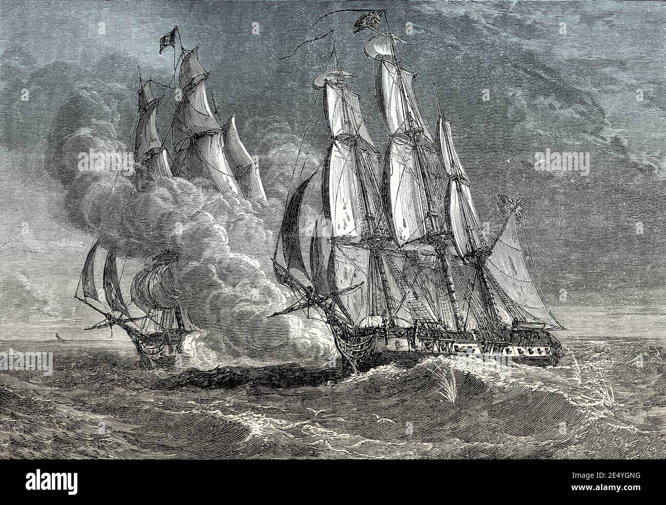 La lotta tra la HMS Phoenix e la nave francese Didon, 10 agosto 1805, guerre napoleoniche, dalle battaglie britanniche su terra e mare di James Grant Foto Stock