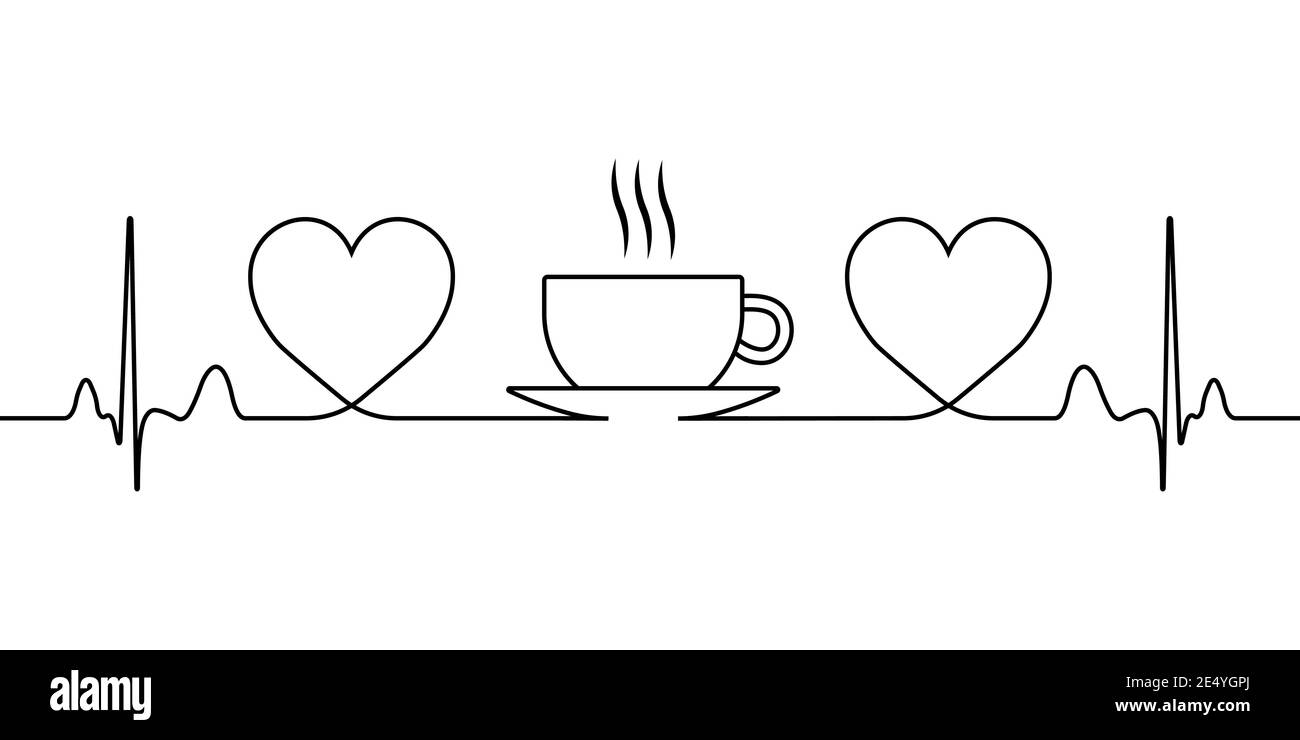 segno d'amore per il caffè e il tè, simbolo del tè, icona vettoriale con un cuore a riga singola e una tazza calda con vapore Illustrazione Vettoriale