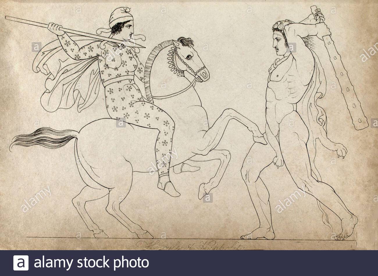 Antica Grecia, Ercole, Dio della forza e degli eroi, combattendo Hippolita, Regina delle Amazzoni, illustrazione d'epoca del 1814 Foto Stock