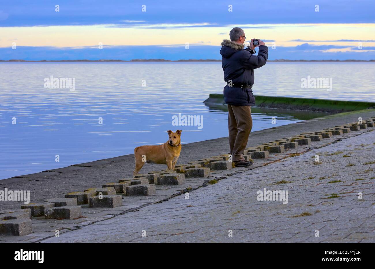 Un uomo scatta una foto del Mare del Nord. Il suo cane sta guardando in una direzione diversa. Tutti possono godersi il mare a modo proprio. Foto Stock