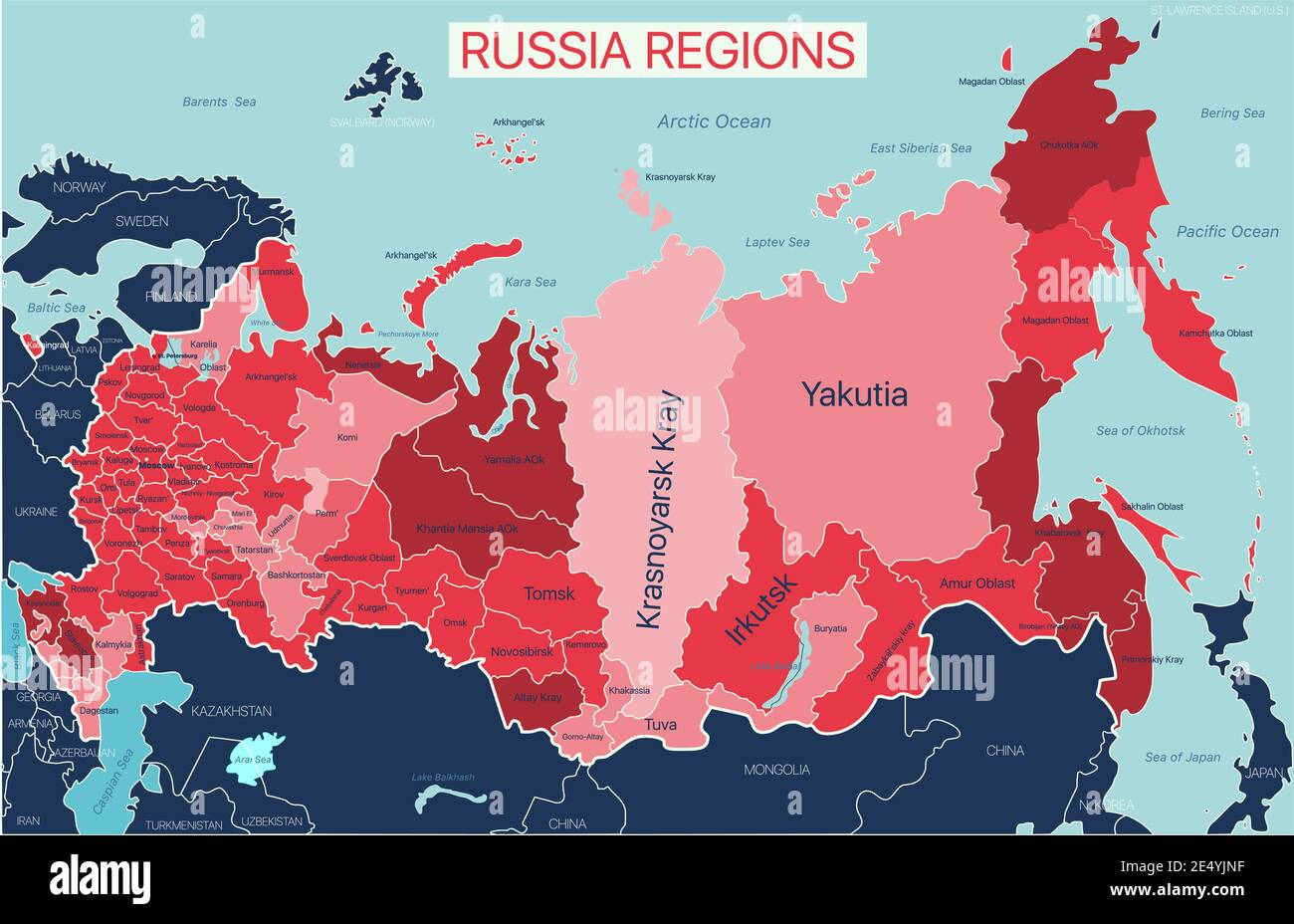 Mappa modificabile delle regioni russe con le regioni. File vettoriale EPS-10 Illustrazione Vettoriale