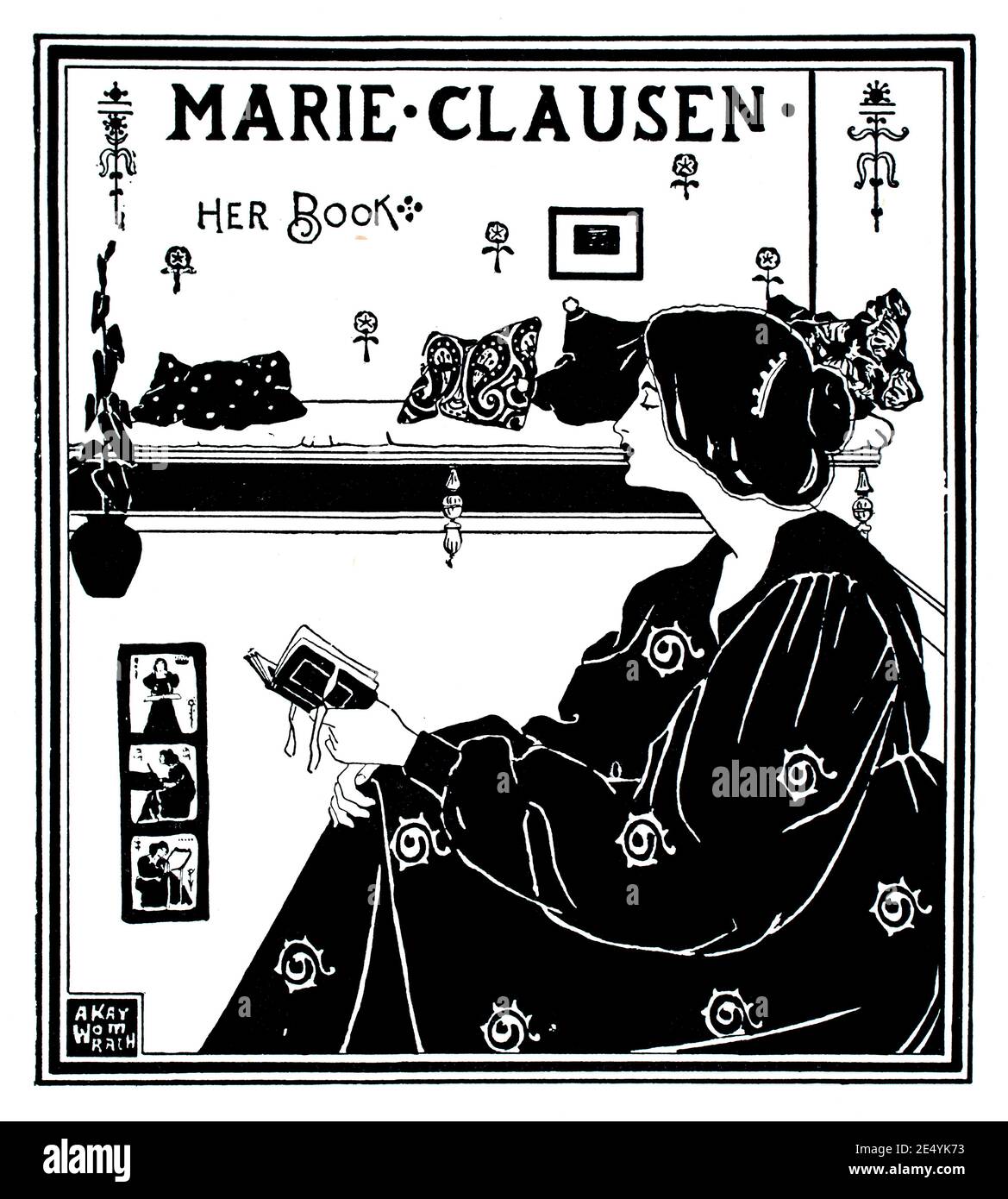 Marie Clausen il suo libro, il disegno di bookplate dal progettista americano Andrew Kay Womrath in 1897 lo studio un giornale illustrato di fine e di arte applicata Foto Stock