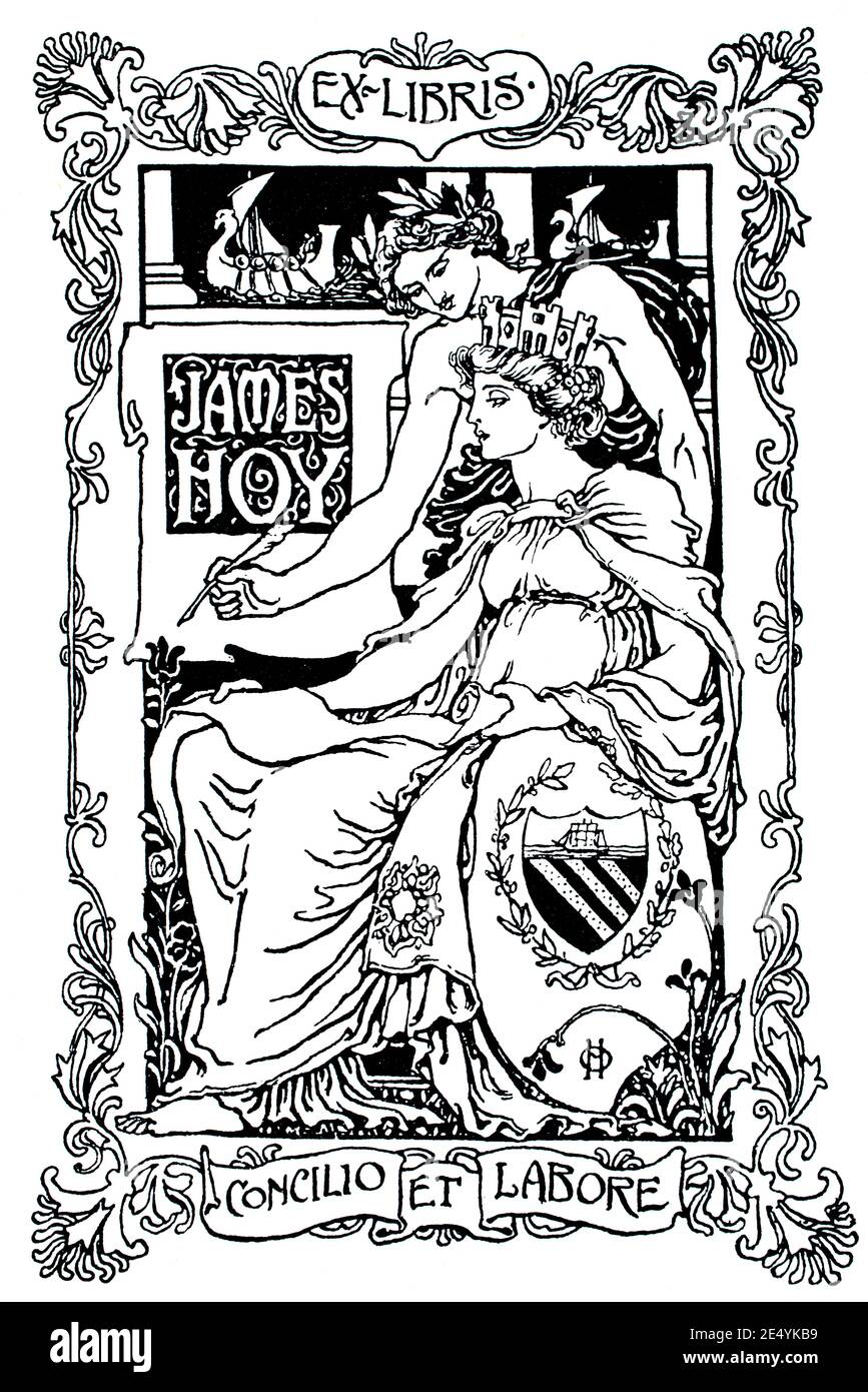 Bookplate per il Sindaco del Signore Sir James Hoy, con lo stemma di Manchester, dall'artista russo Henry Ospovat nel 1897 The Studio An Illustrated Maga Foto Stock