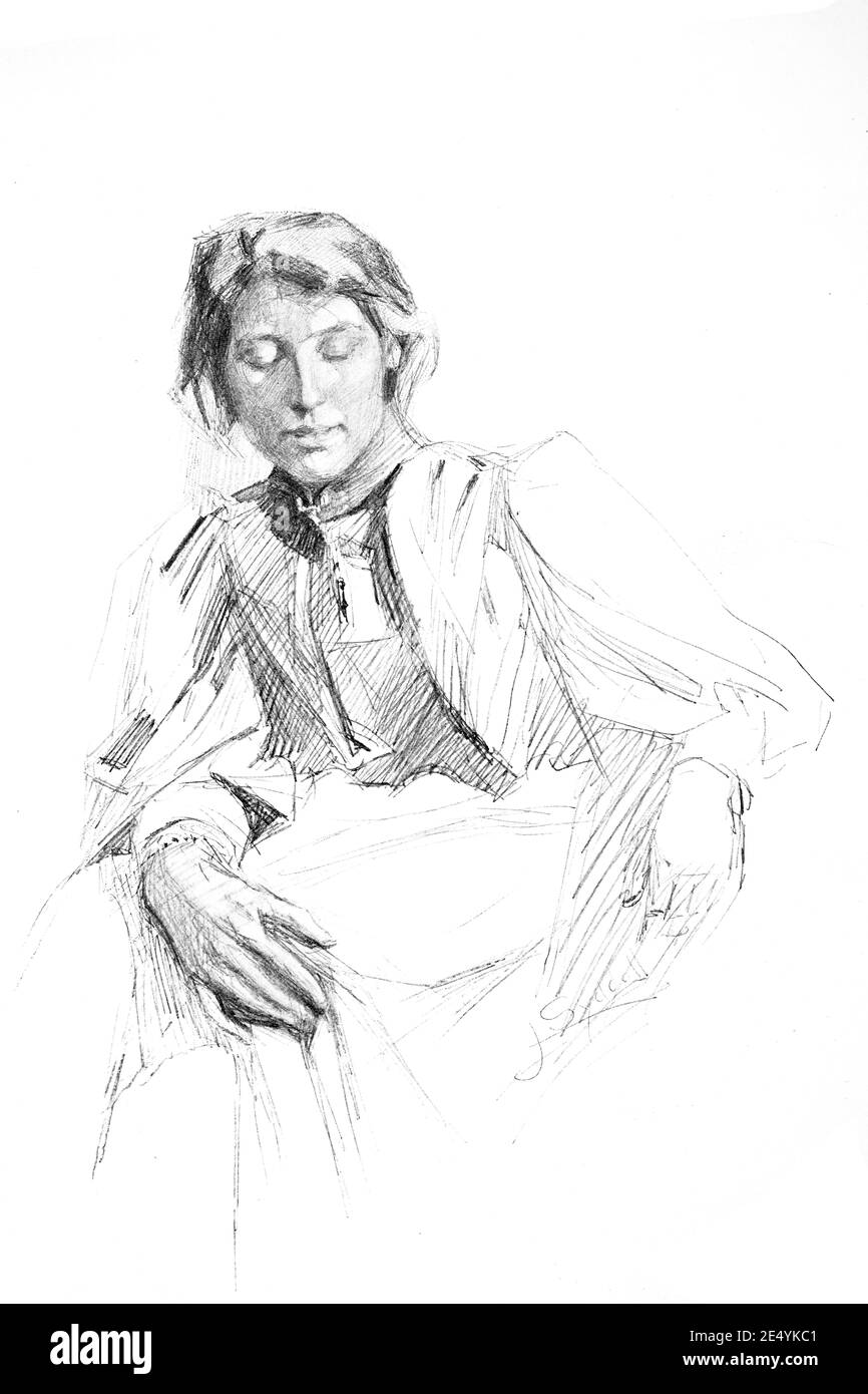 Studio in matita di piombo, figura femminile disegnata dalla scuola di Herkomer Bushey, da Joseph Syddall, nel 1897 lo Studio un Rivista illustrato di fine An Foto Stock