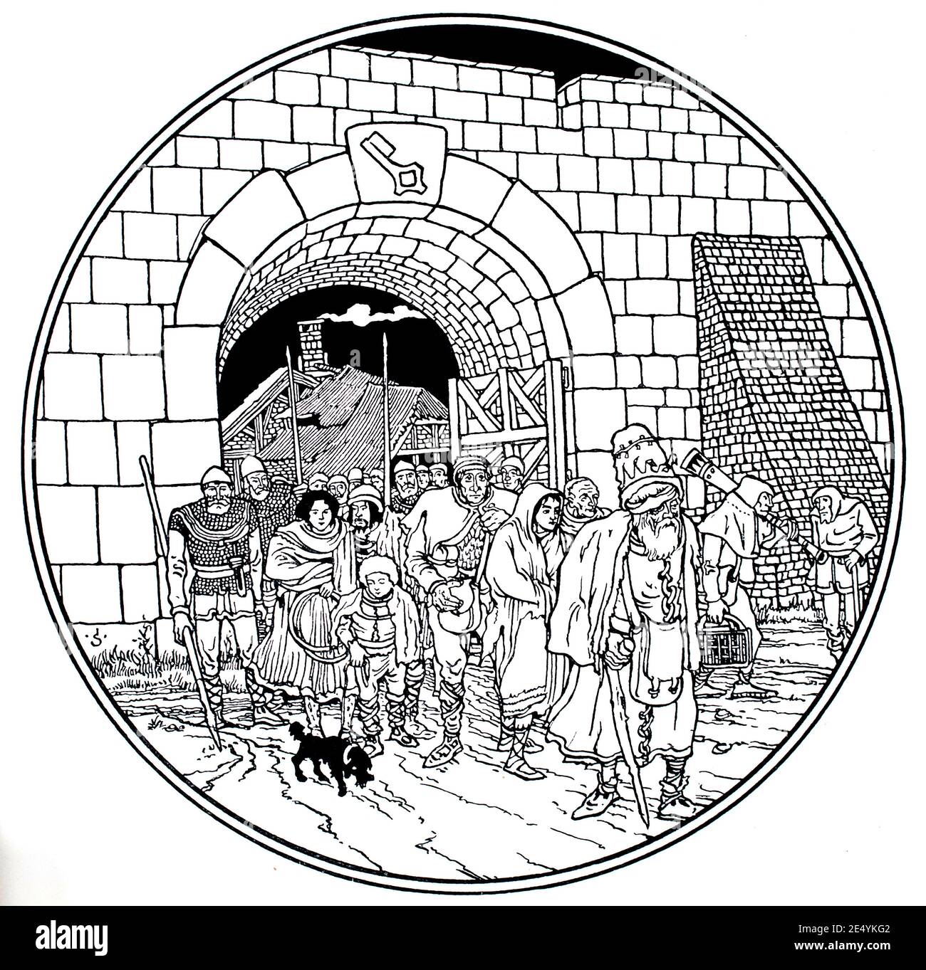 Figure medievali che passano attraverso la porta fortificata, illustrazione circolare di Joseph Sattler, nel 1897 lo Studio An Illustrated Magazine of fine and Appli Foto Stock