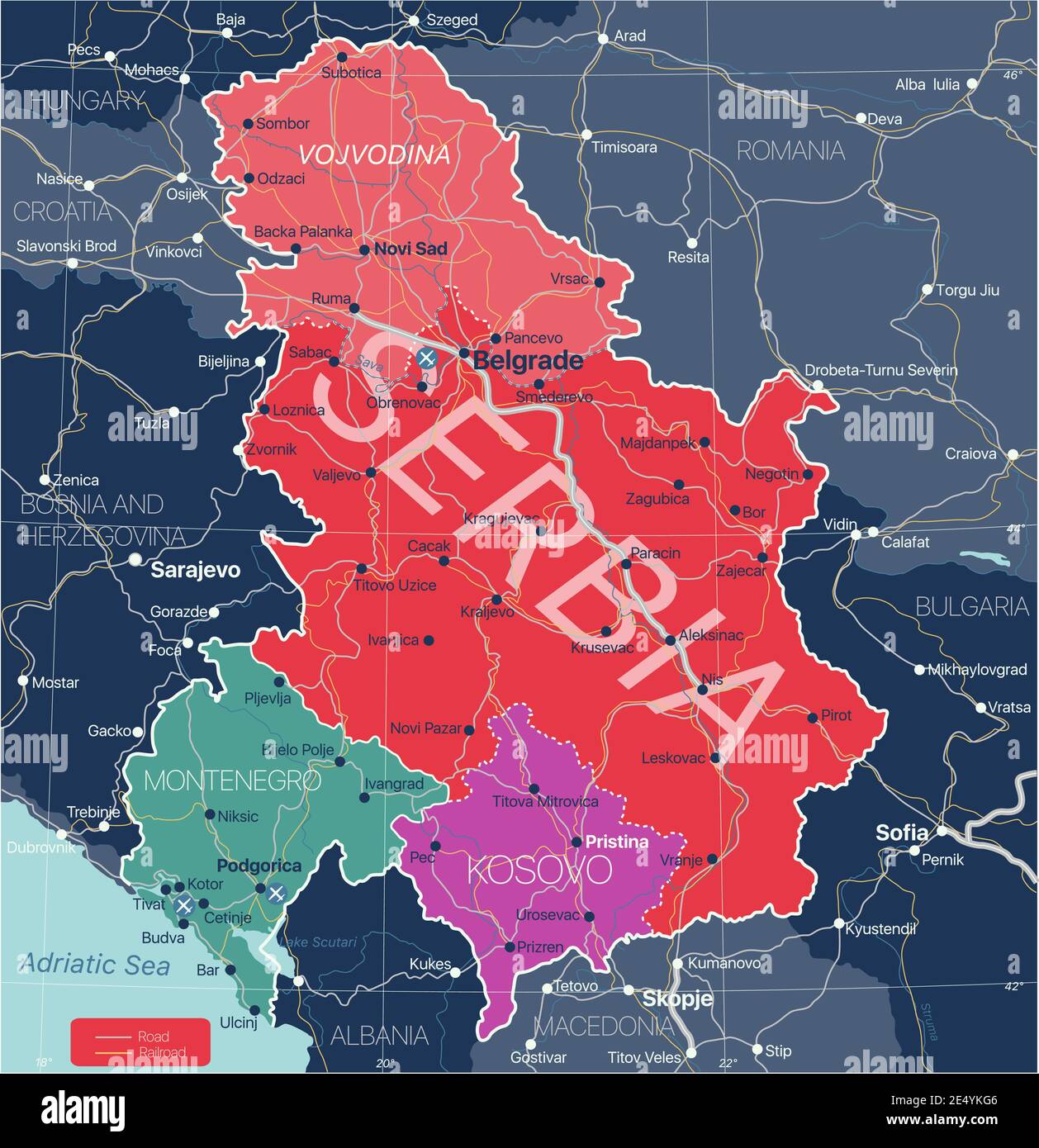 Serbia Paesi del Kosovo e Montenegro Mappa dettagliata modificabile con regioni città e città, strade e ferrovie, siti geografici. File vettoriale EPS-10 Illustrazione Vettoriale