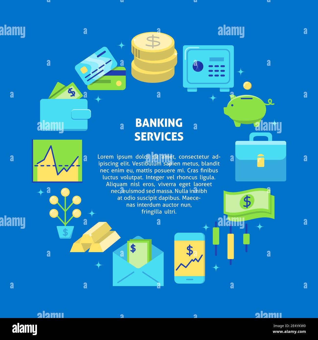 Servizi bancari di concetto rotondo in stile piatto con testo. Simboli finanziari e monetari. Modello poster finanziario. Illustrazione vettoriale. Illustrazione Vettoriale