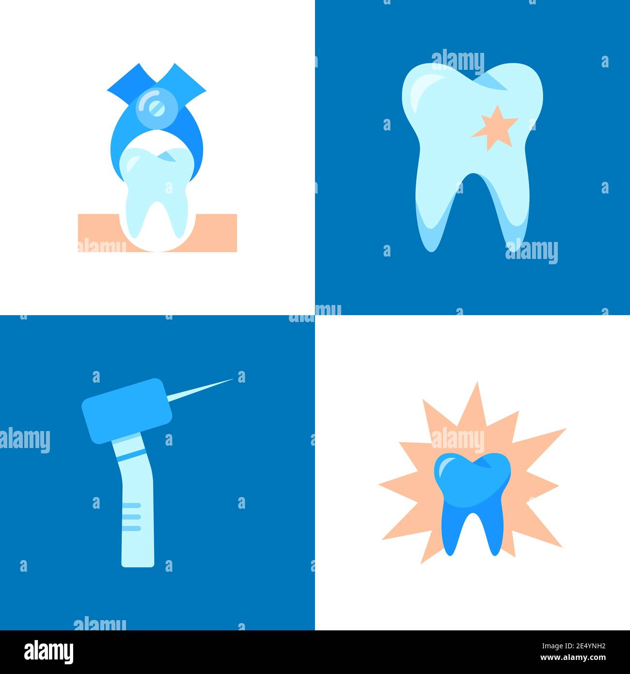 Icona del dolore e del trattamento dentali in stile piatto. Caramelle smalto danneggiato, estrazione dei denti e altri simboli. Emblema di stomatologia. Illustrazione vettoriale. Illustrazione Vettoriale