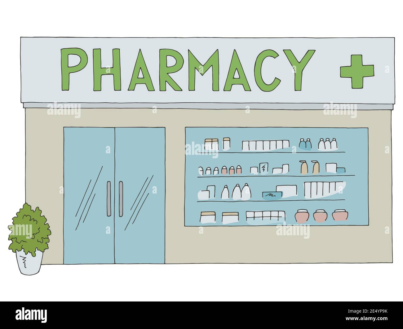 Farmacia negozio esterno negozio costruzione grafico colore disegno disegno vettore Illustrazione Vettoriale