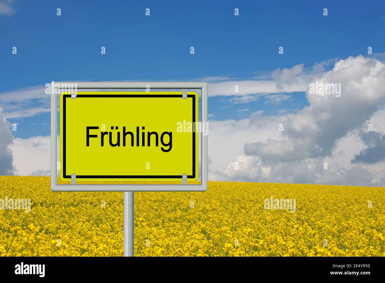 Cartello stradale ' Frühling', traduzione ' Primavera', davanti ai fiori di colza, illustrazione 3d Foto Stock