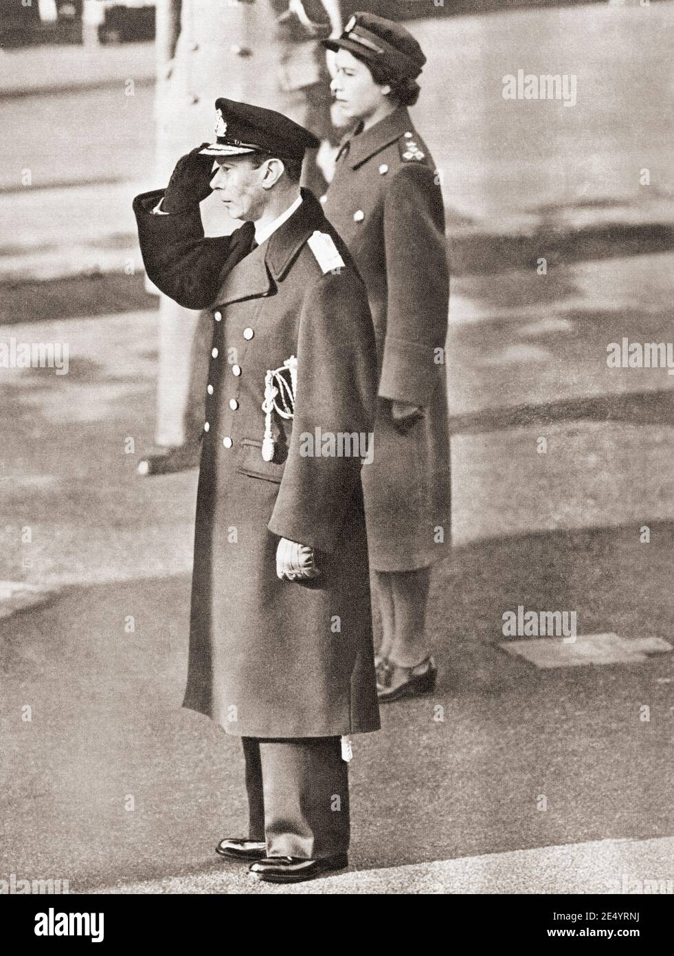 EDITORIALE SOLO la principessa Elisabetta con suo padre Giorgio VI, visto qui al Cenotaph in ricordo Domenica, 1949. George VI, Albert Frederick Arthur George, 1895-1952. Re del Regno Unito e i domini del Commonwealth britannico. Principessa Elisabetta di York, 1926 - 2022, futura Elisabetta II, Regina del Regno Unito. Dal Queen Elizabeth Coronation Book, pubblicato nel 1953. Foto Stock