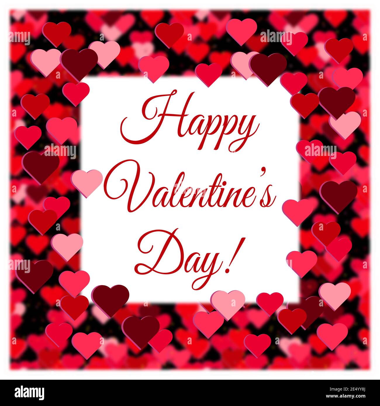 Modello per la Valentino con testo di congratulazioni in una cornice di bokeh e cuori di sfondo. Complimenti carini per San Valentino. Foto Stock